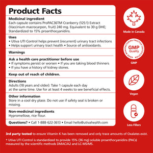 Utiva UTI Control Cranberry PACs - #1 Doctor- Recommended for UTI prevention - 36mg PACs for Urinary Tract Infection Avoidance - Supplement for Urinary Tract Health for Women and Men – Cranberry Extract Pills for urinary & bladder health, 30 Vegi Capsules