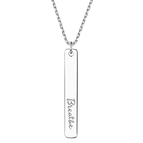 925 Sterling Silver Bar Pendant Necklace Engraved 'Breathe"