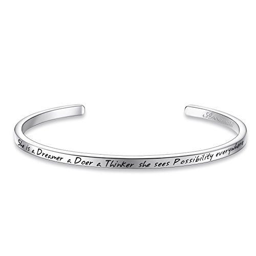 Engraved Cuff Bangle Bracelet: She's a Dreamer, a Doer, a Thinker. She sees Possibility Everywhere